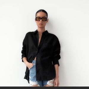 Zara Black 100% Linen Button-Down Shirt